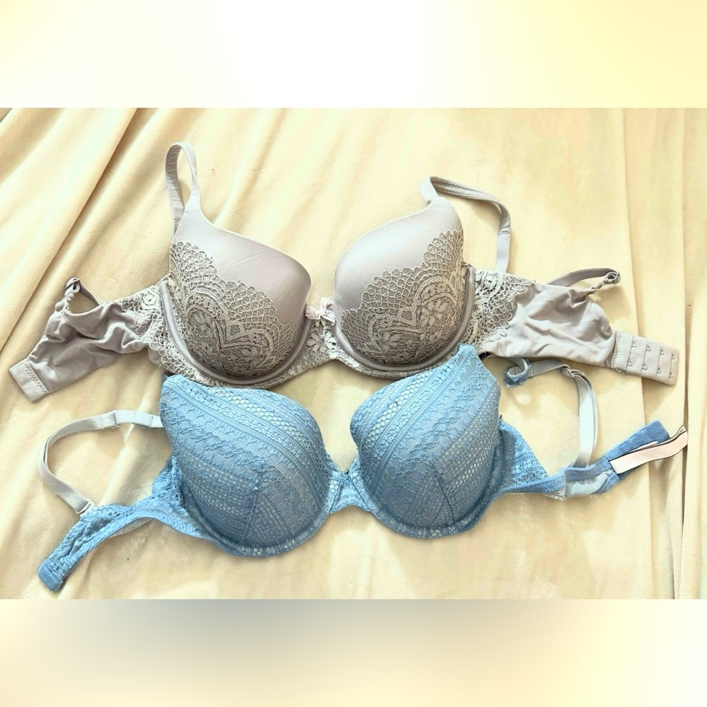 TWO Victoria's Secret 32DD Lightly Lined Gray and Blue Lace Bras Intimates